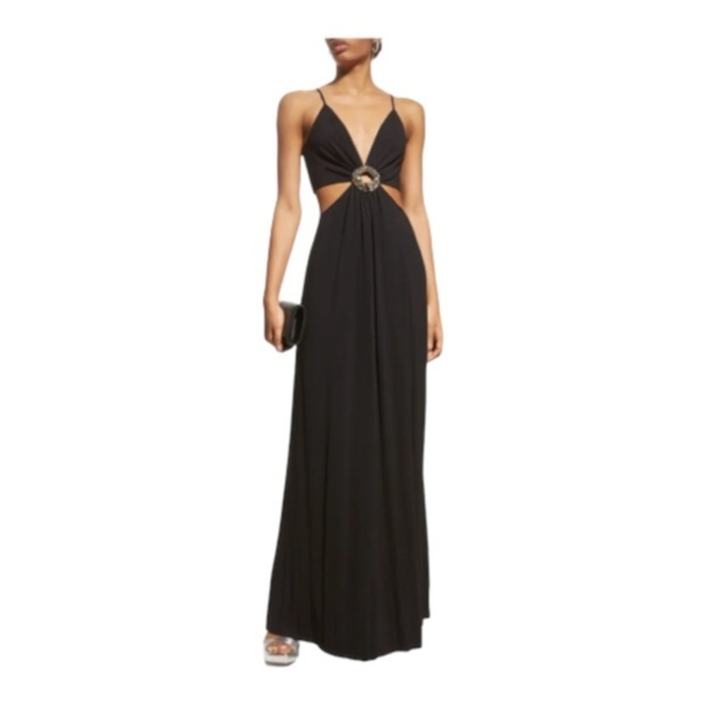 Ramy‎ Brook Rivana Beaded Buckle Cutout Waist Maxi Gown Black Used Size 14
